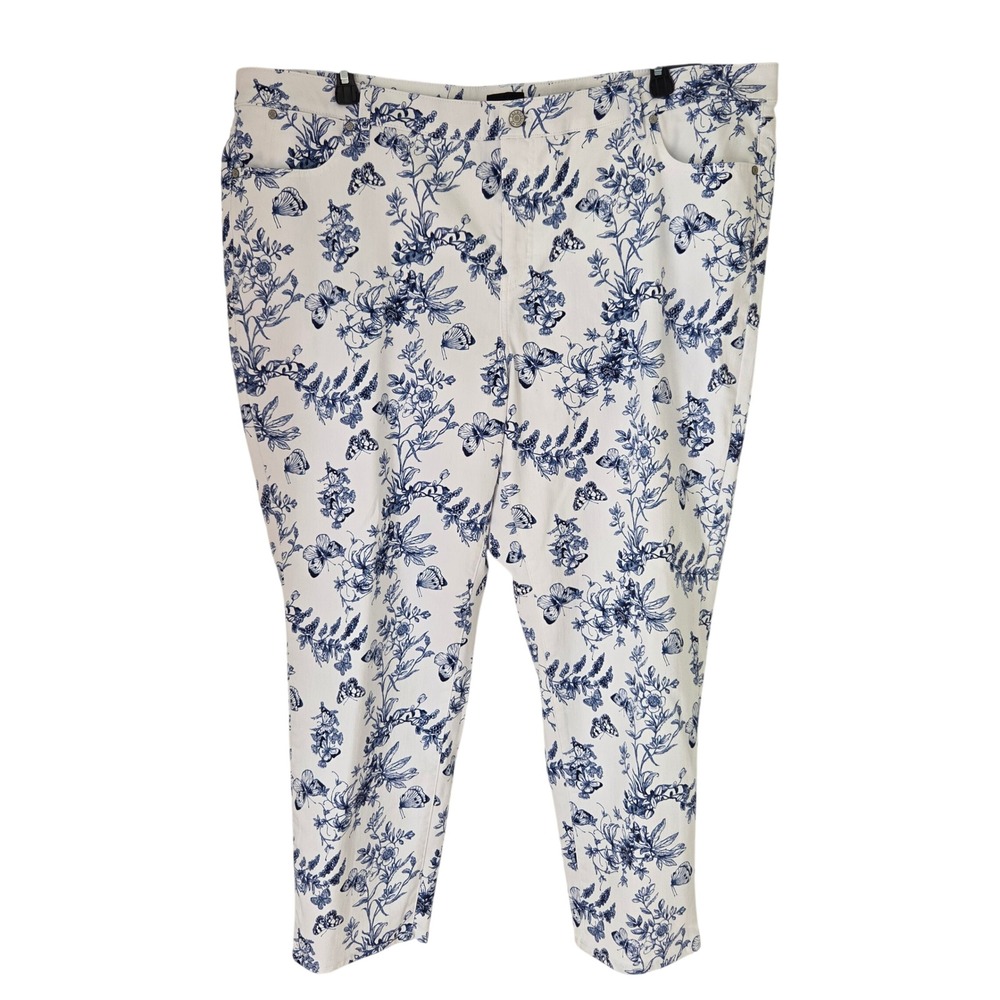 Talbots Slim Ankle Jean 24W Blue White Floral Butterfly Toile High Rise Stretch